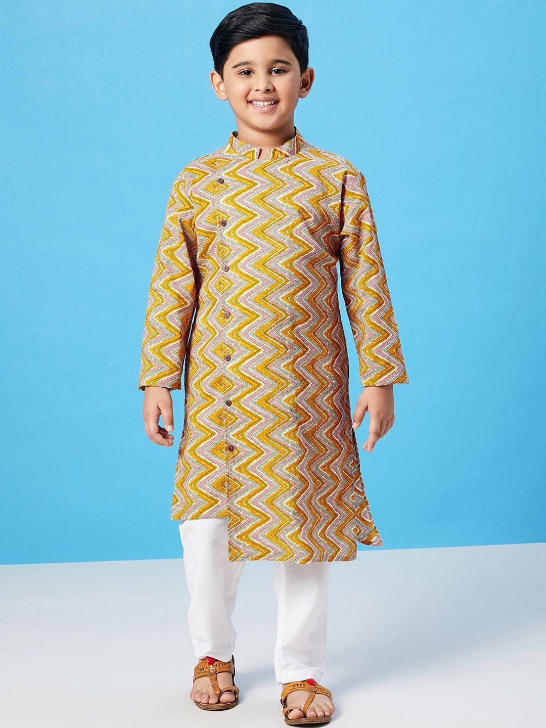 stylo bug boys yellow striped angrakha pure cotton kurta with pyjamas
