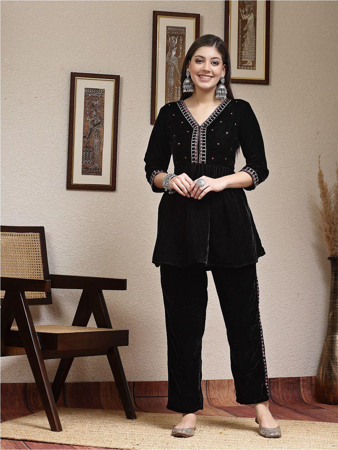 stylum black embroidered mirror-work tunic with trouser