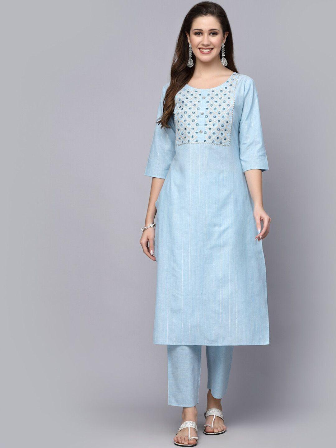 stylum blue floral yoke design thread work kurta with trousers