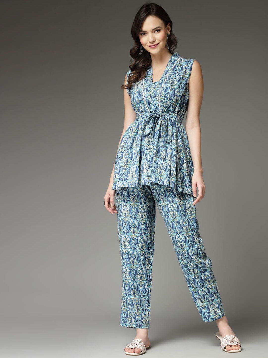 stylum blue printed v-neck top with trouser
