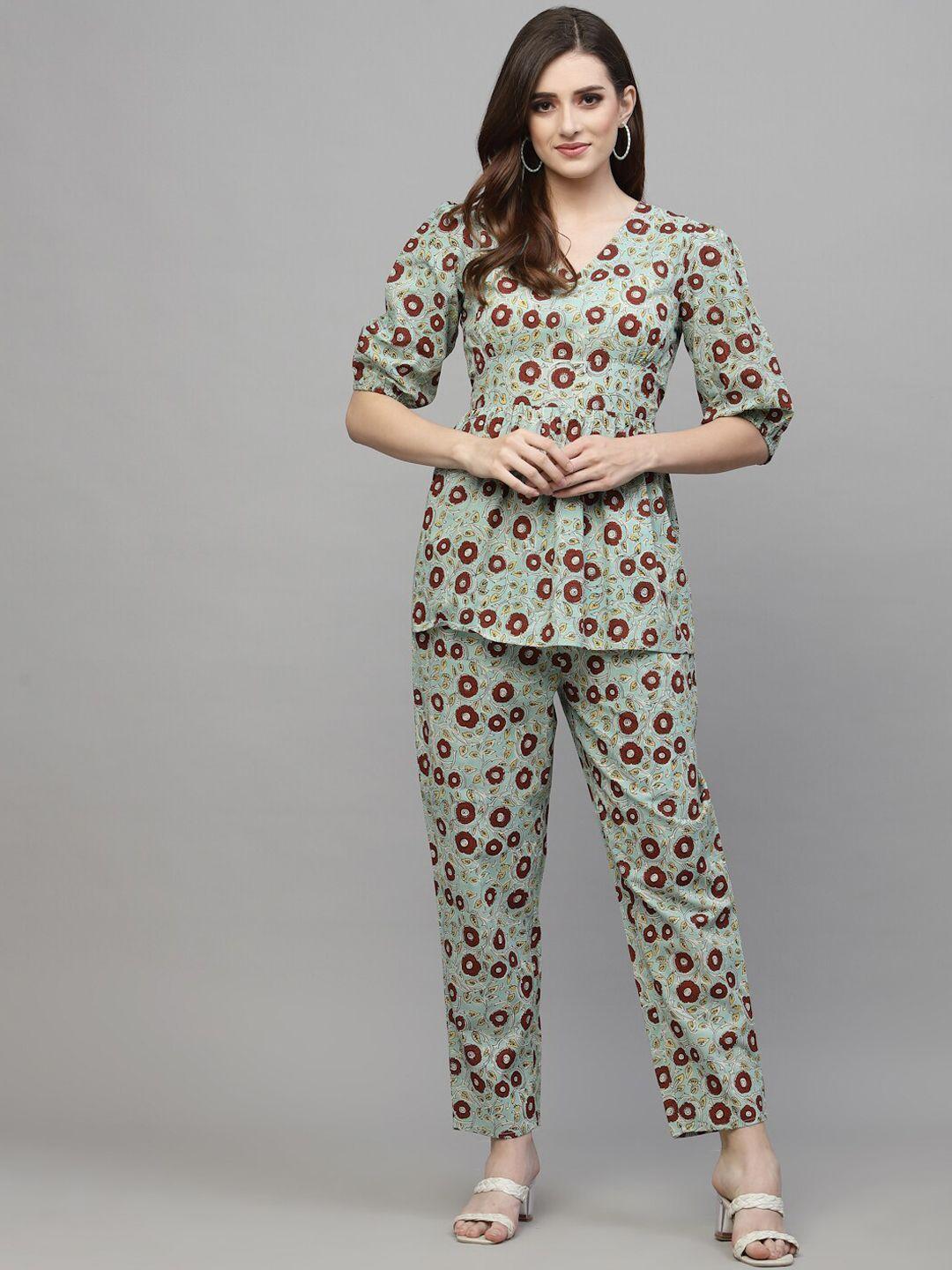stylum floral printed pure cotton v-neck top with trousers