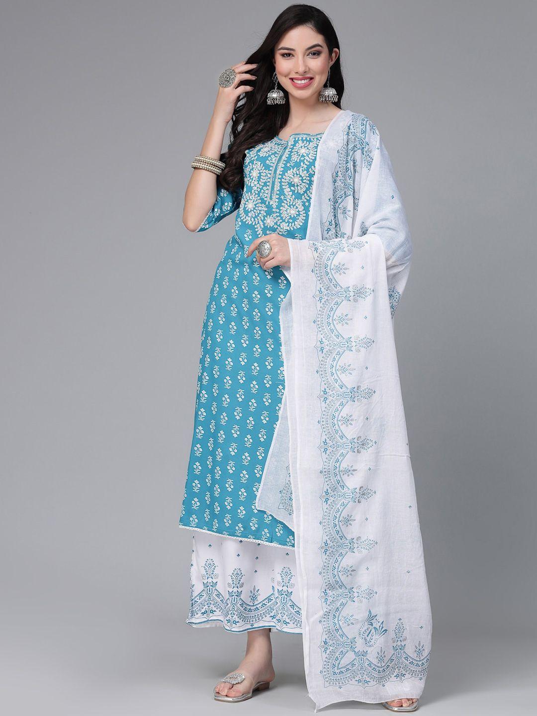 stylum turquoise blue floral printed embroiderd kurta with trousers & dupatta
