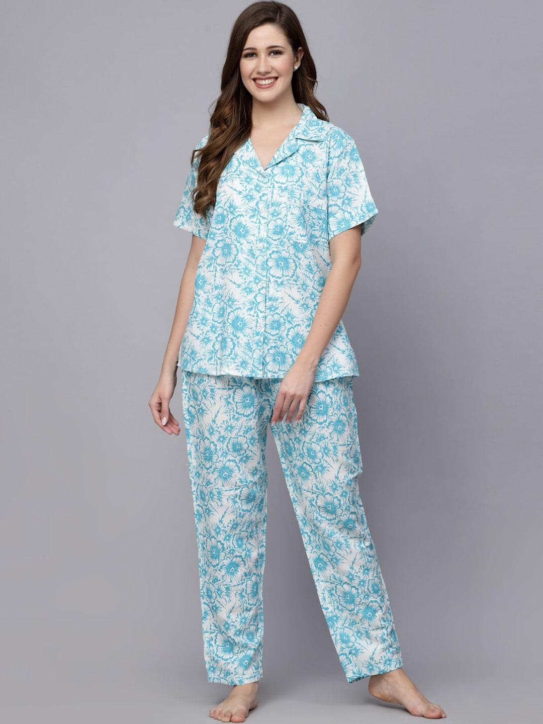 stylum white & turquoise blue floral printed night suit