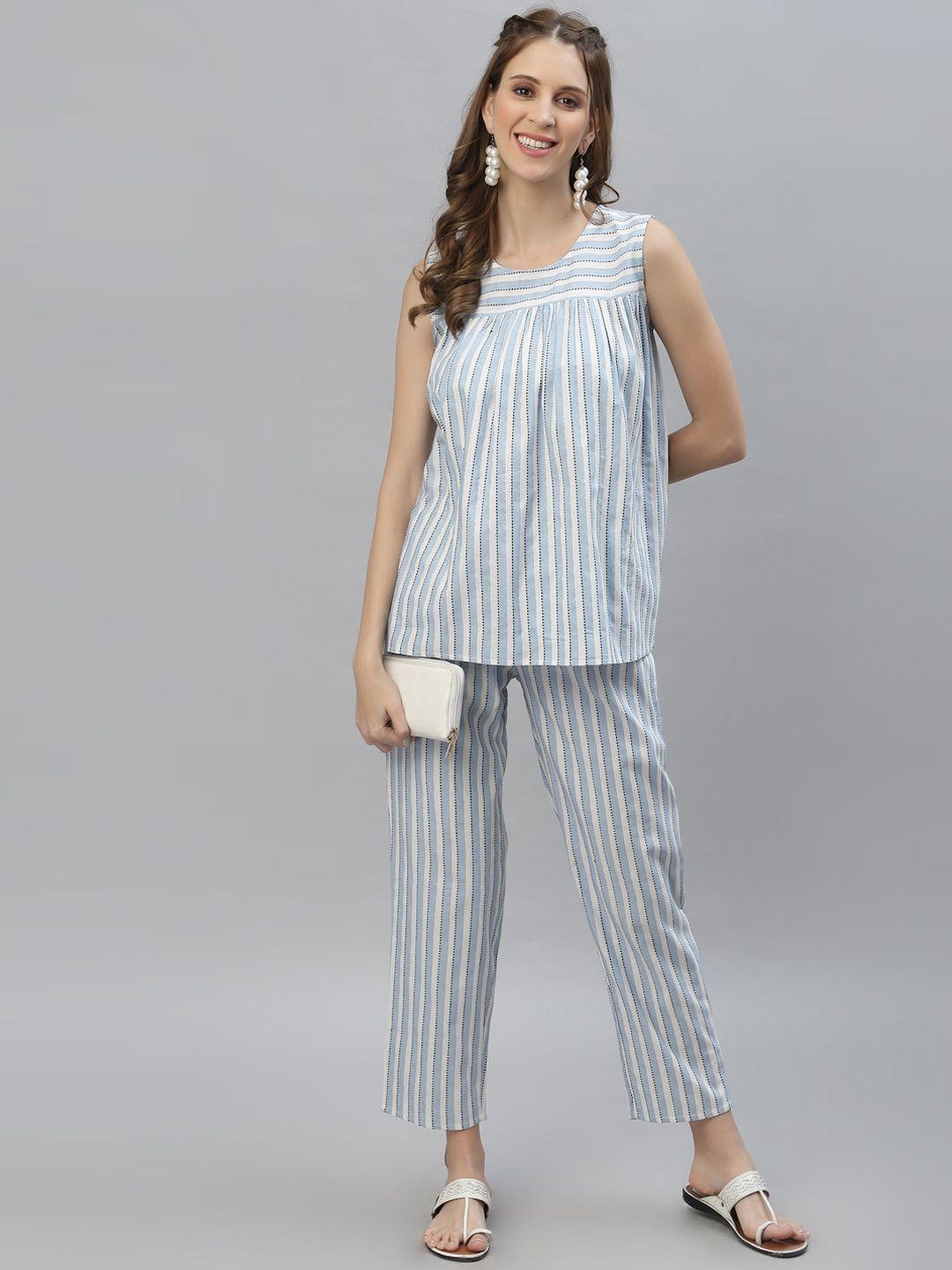 stylum women blue & white self woven striped cotton blend top and pant set