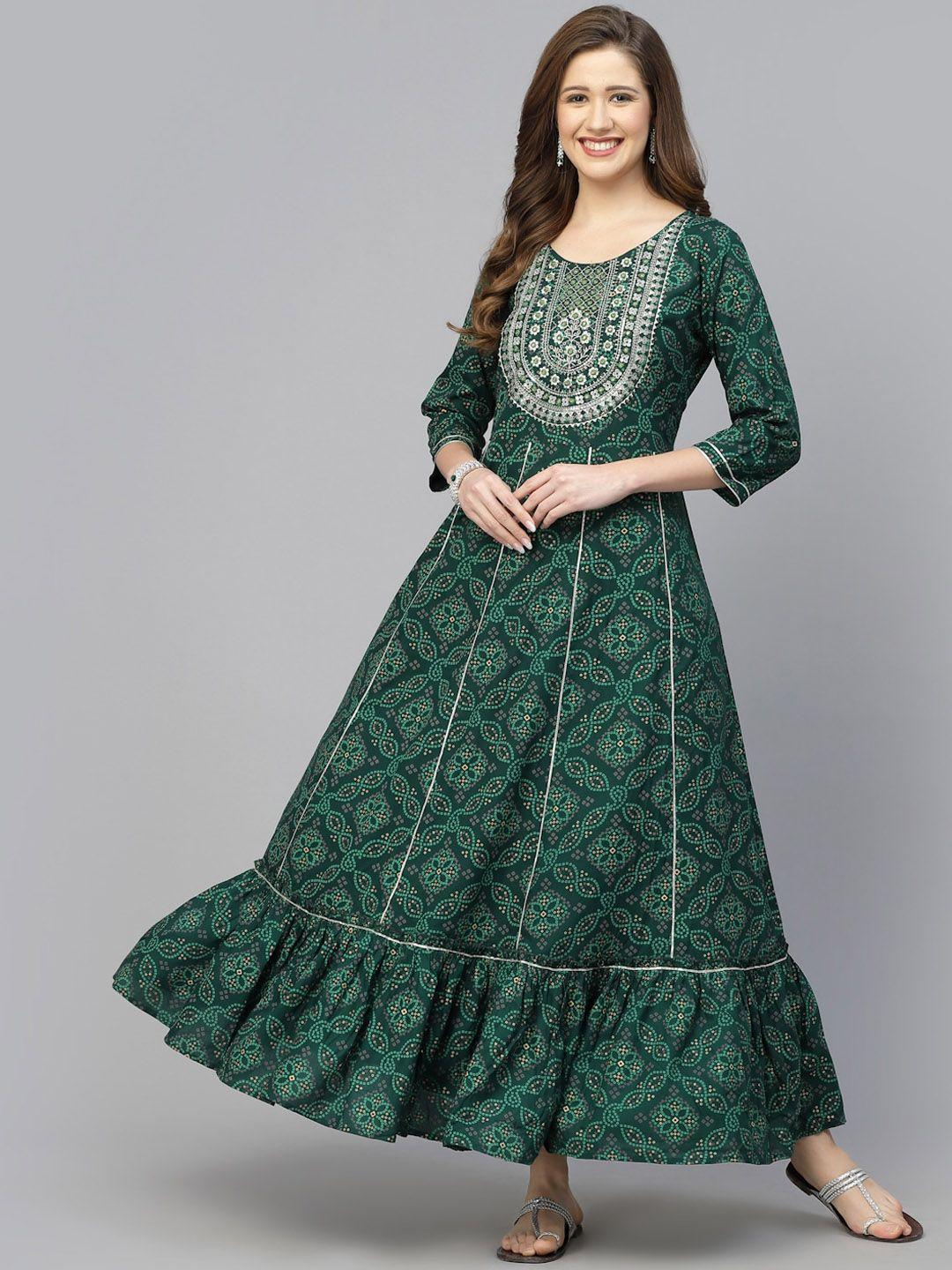 stylum women green ethnic motifs printed flared sleeves tiering anarkali kurta