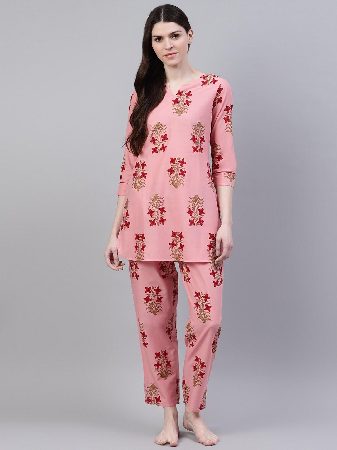 stylum women peach floral printed pure cotton night suit