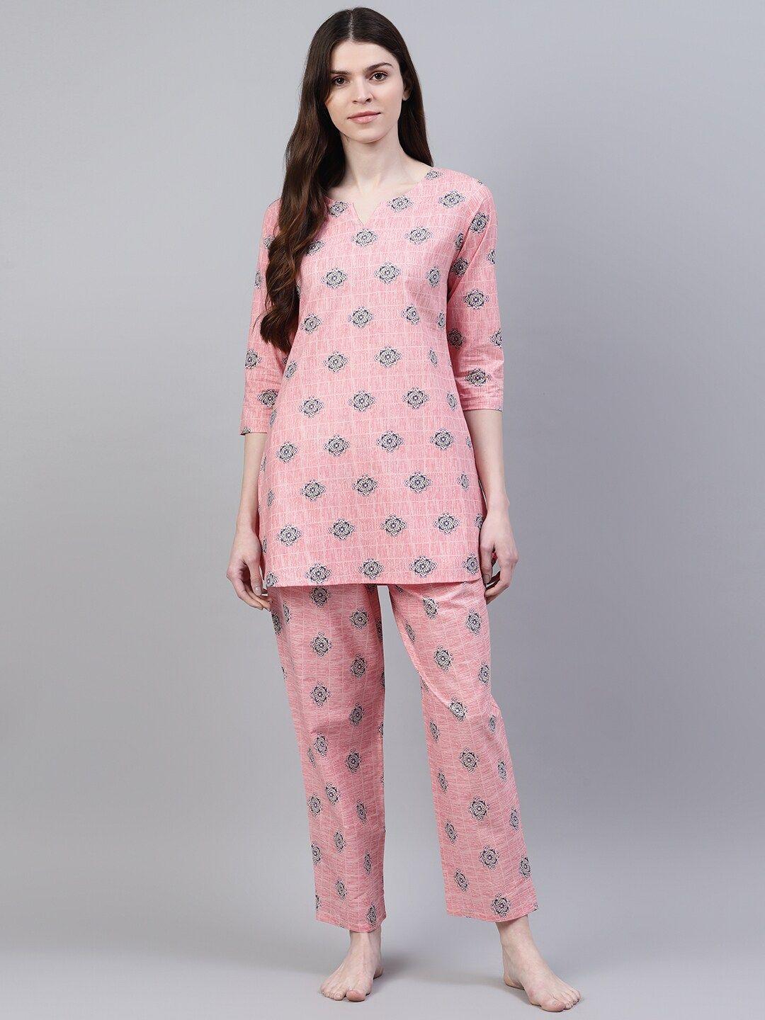 stylum women pink & blue printed pure cotton night suit