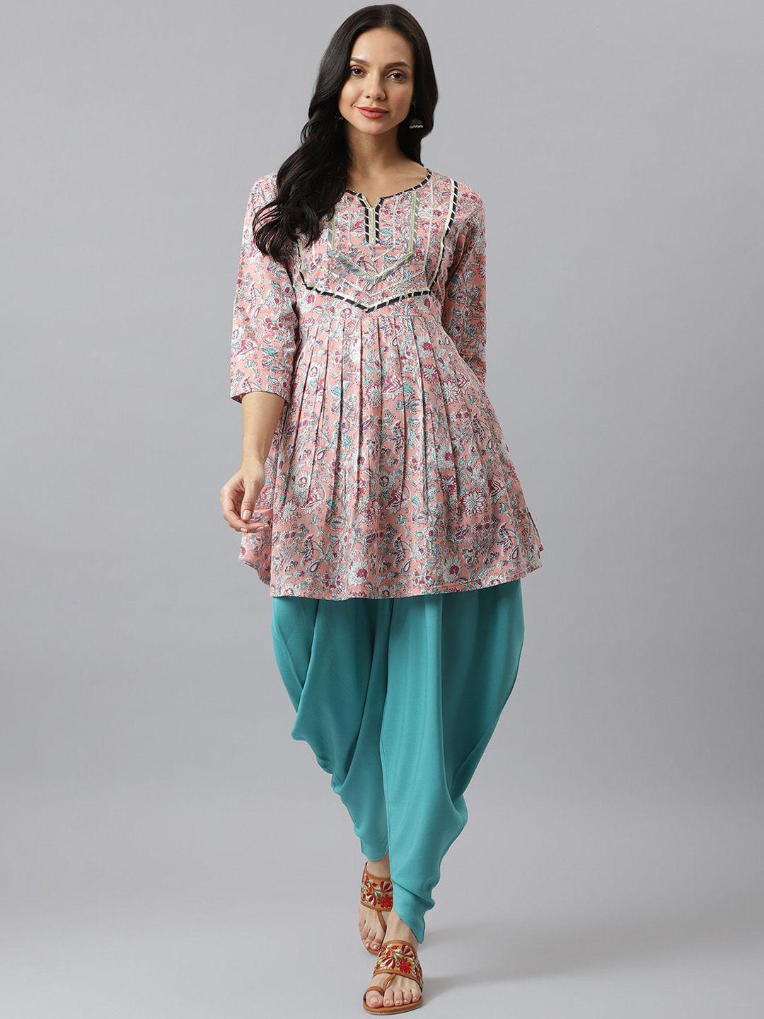 stylum women pink & turquoise blue floral printed pure cotton kurta with dhoti pants