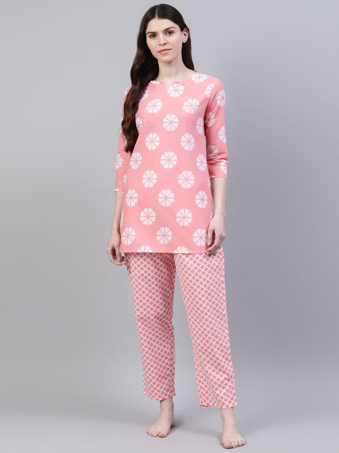 stylum women pink & white printed night suit