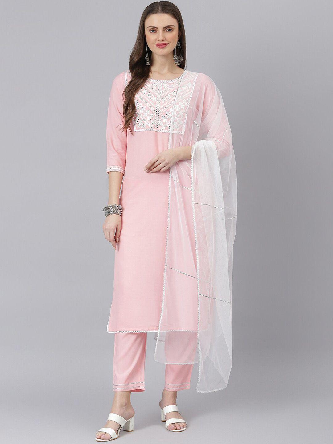 stylum women pink yoke design mirror work kurta with trousers & with dupatta