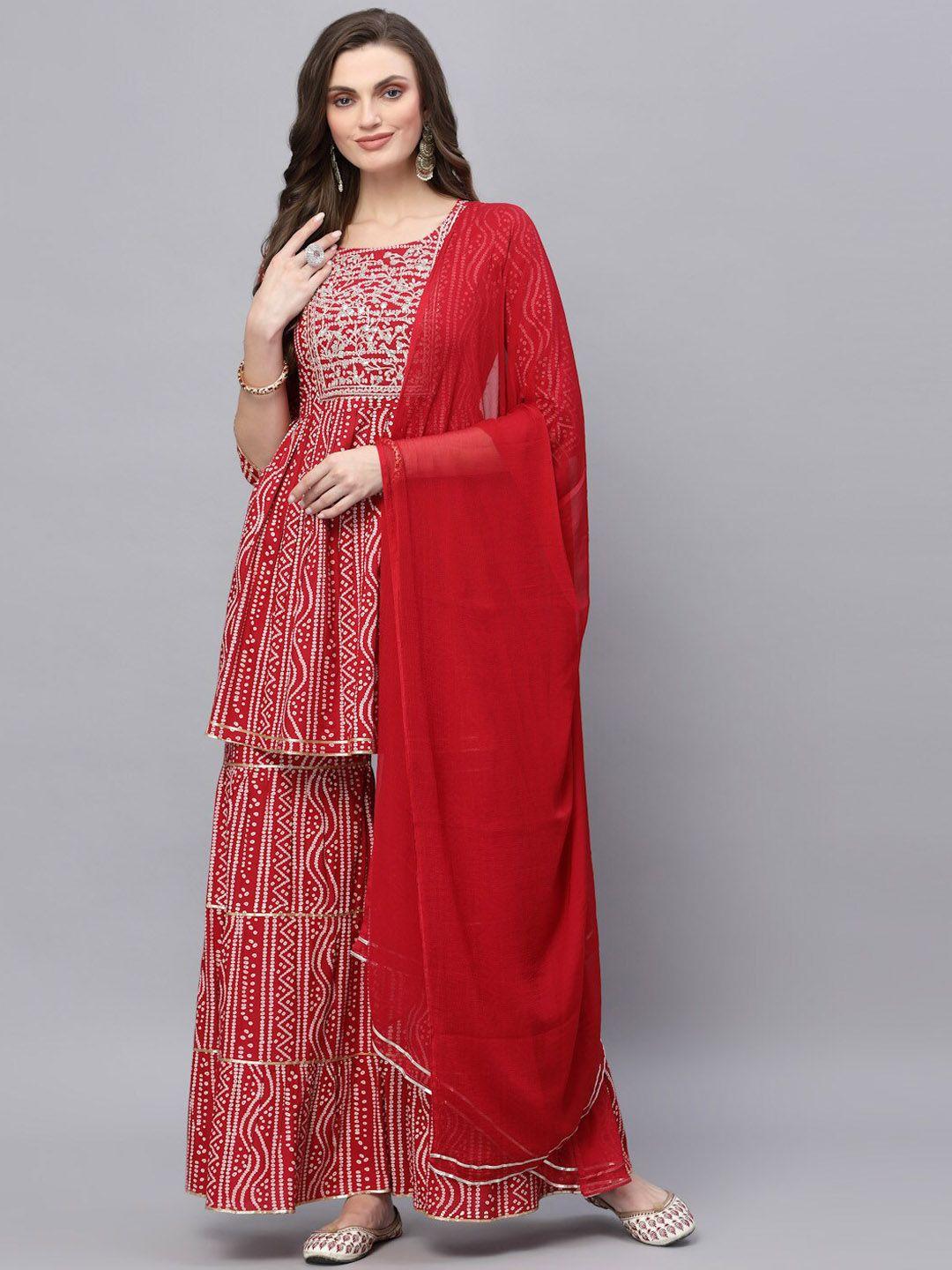 stylum women red floral embroidered pleated kurti with palazzos & with dupatta