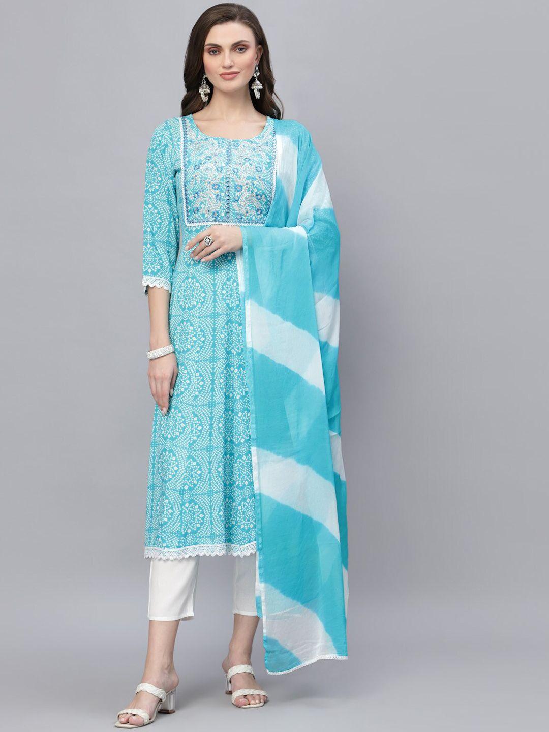 stylum women turquoise blue printed thread work kurta with trousers & with dupatta
