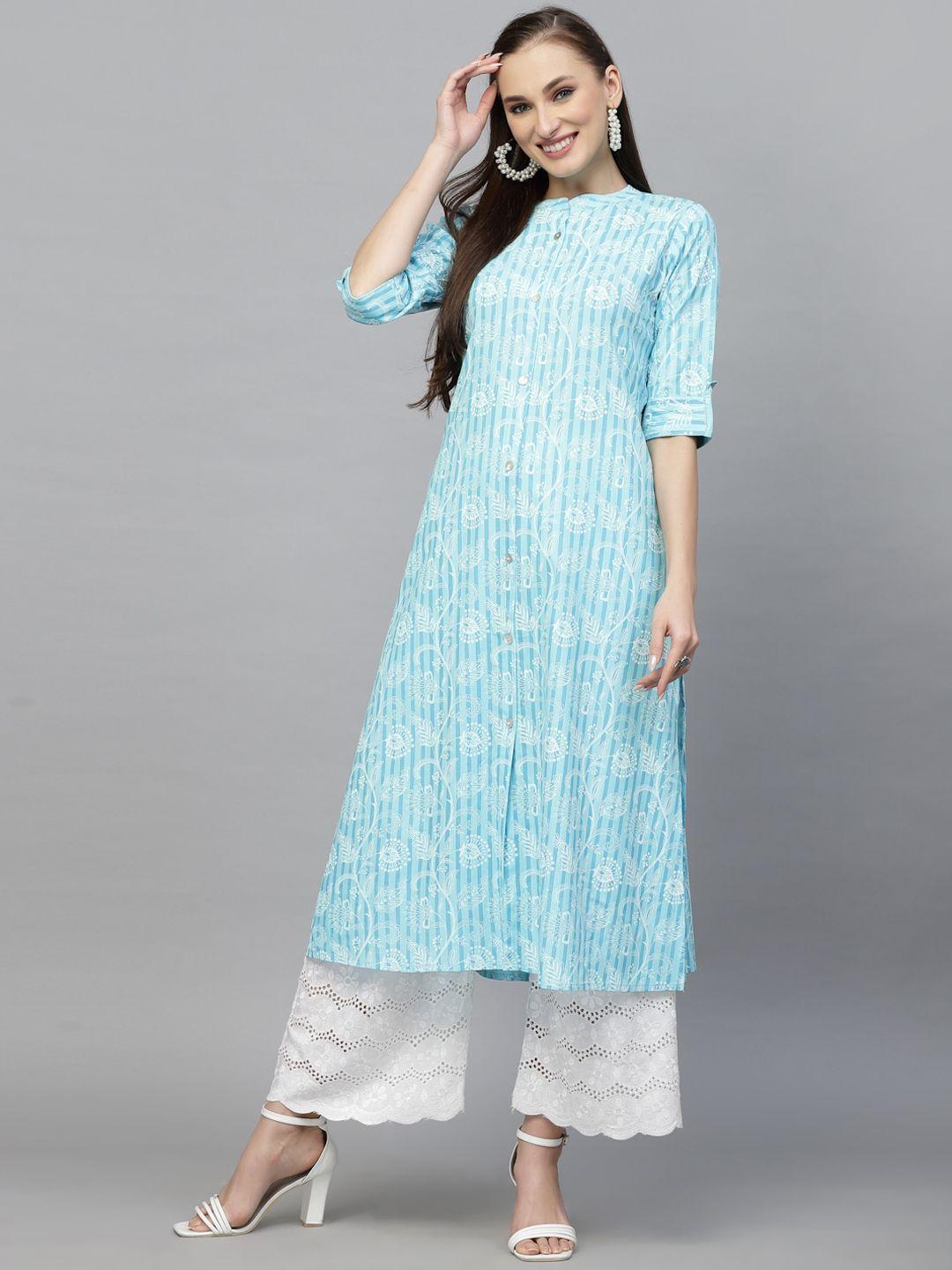 stylum band collar floral printed straight cotton kurta