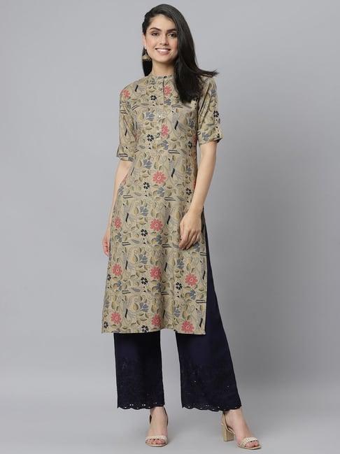 stylum beige floral print a-line kurta