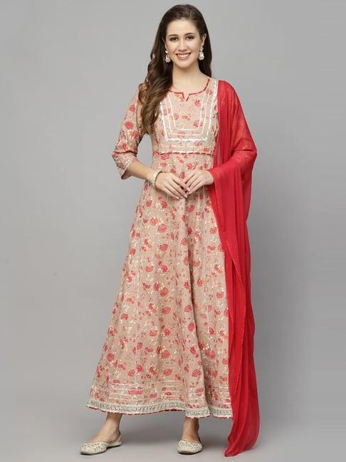 stylum beige printed anarkali kurta with dupatta