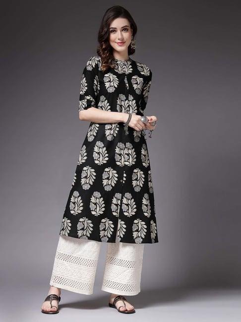 stylum black floral print a line kurta