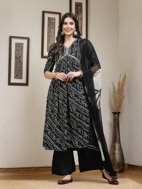 stylum black printed kurta palazzo set with dupatta