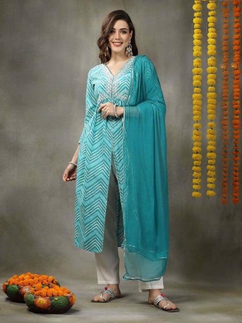 stylum blue & white cotton embroidered kurta pant set with dupatta