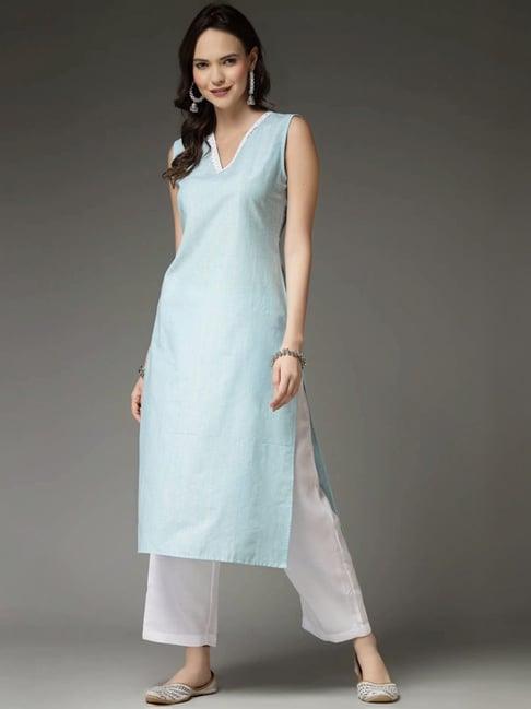 stylum blue & white plain kurta & pants set