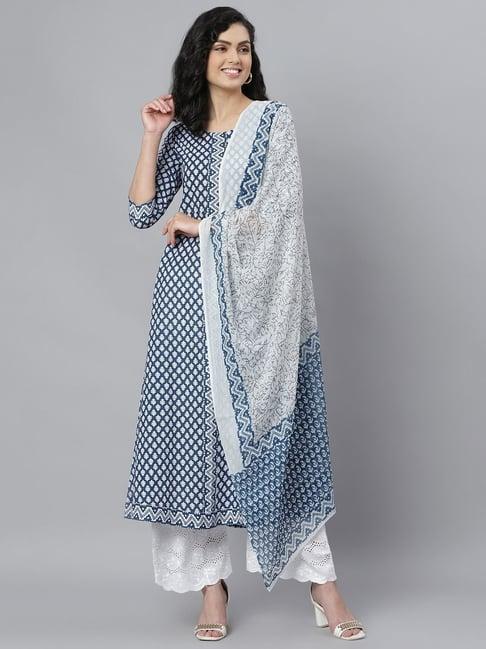 stylum blue cotton floral print a line kurta with dupatta