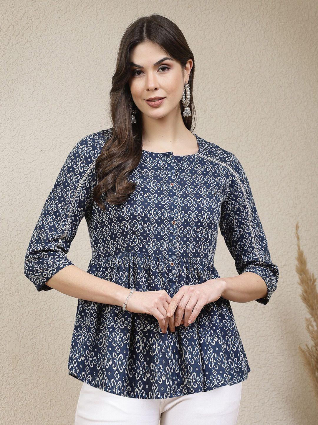 stylum blue ethnic motifs printed cotton peplum top