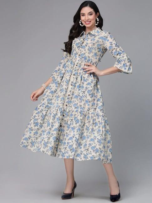 stylum cream & blue cotton floral print shirt dress