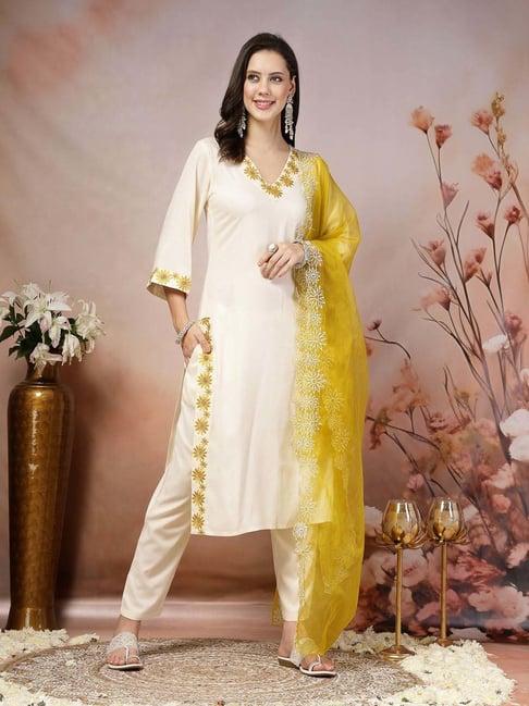 stylum cream embroidered kurta pant set with dupatta