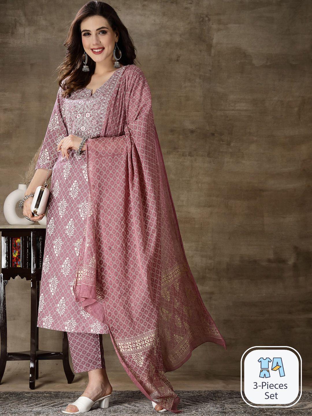 stylum ethnic motifs printed straight kurta & trousers with dupatta