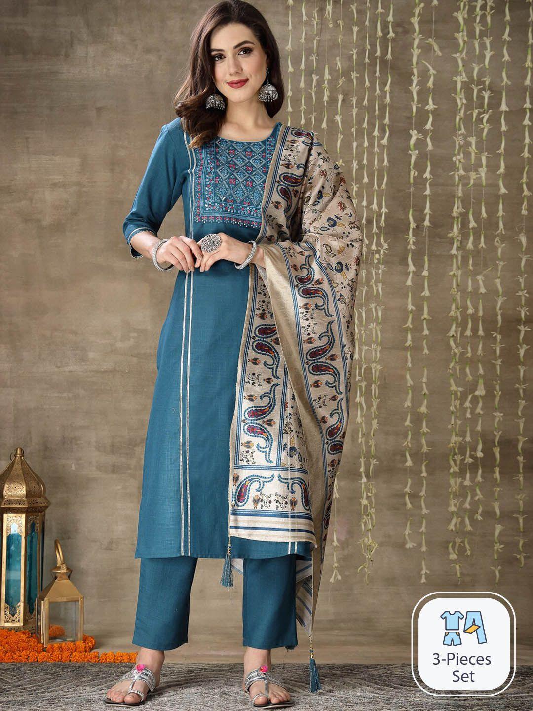 stylum ethnic motifs yoke design sequinned straight kurta with trousers & dupatta