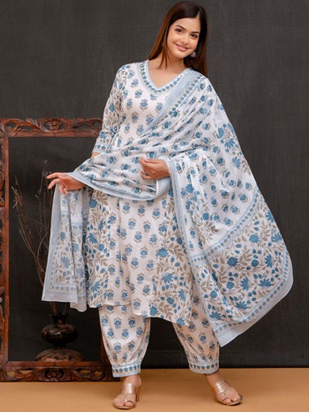 stylum fab women blue floral printed regular mirror work pure cotton kurta with salwar & with dupatta