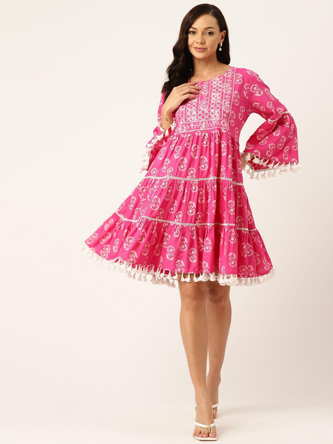 stylum floral embroidered flared sleeve fringed fit & flare dress