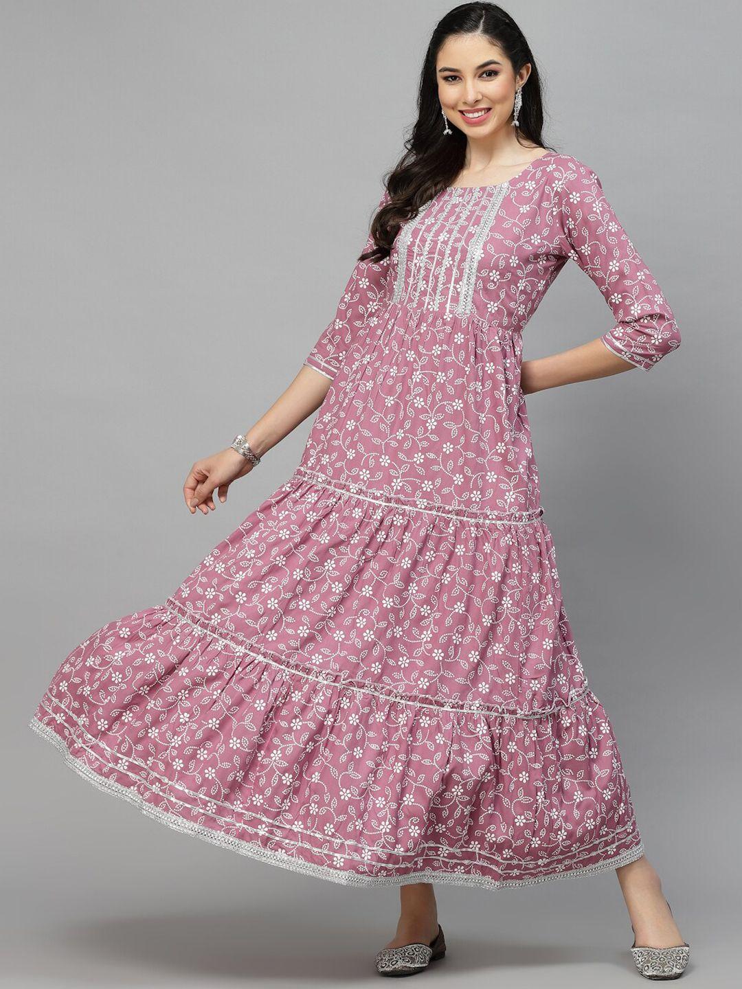 stylum floral printed tiered fit & flare cotton fit & flare ethnic dress with dupatta