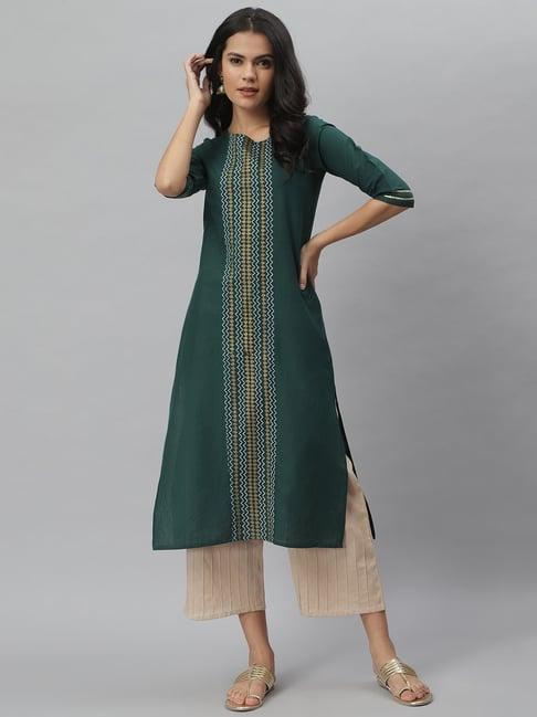 stylum green cotton printed straight kurta