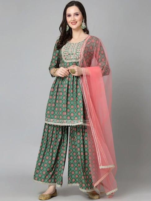 stylum green embroidered kurta & sharara set with dupatta