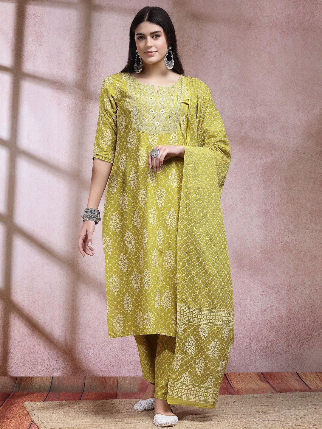 stylum green ethnic motifs printed thread work straight kurta with trouser & dupatta