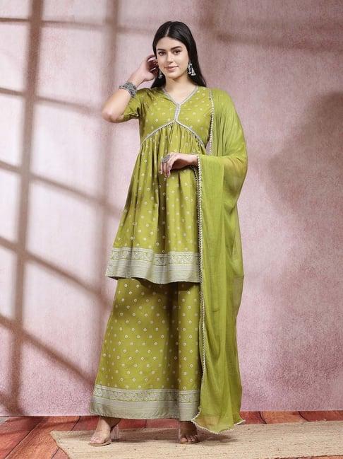 stylum green floral print kurti sharara set with dupatta