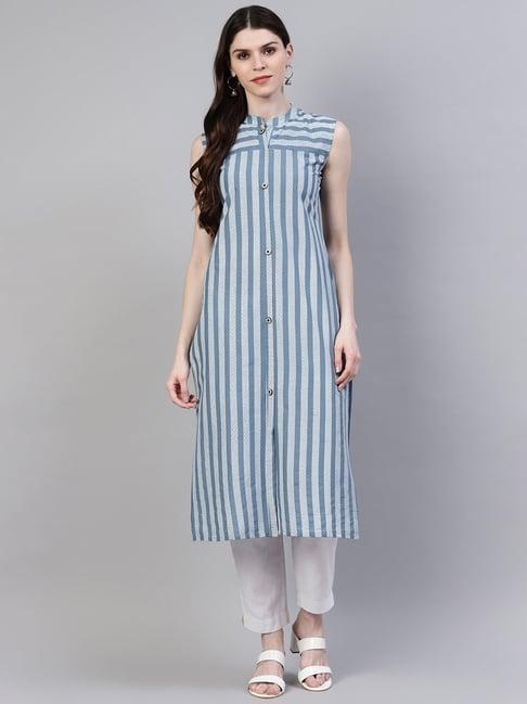 stylum grey cotton striped straight kurta