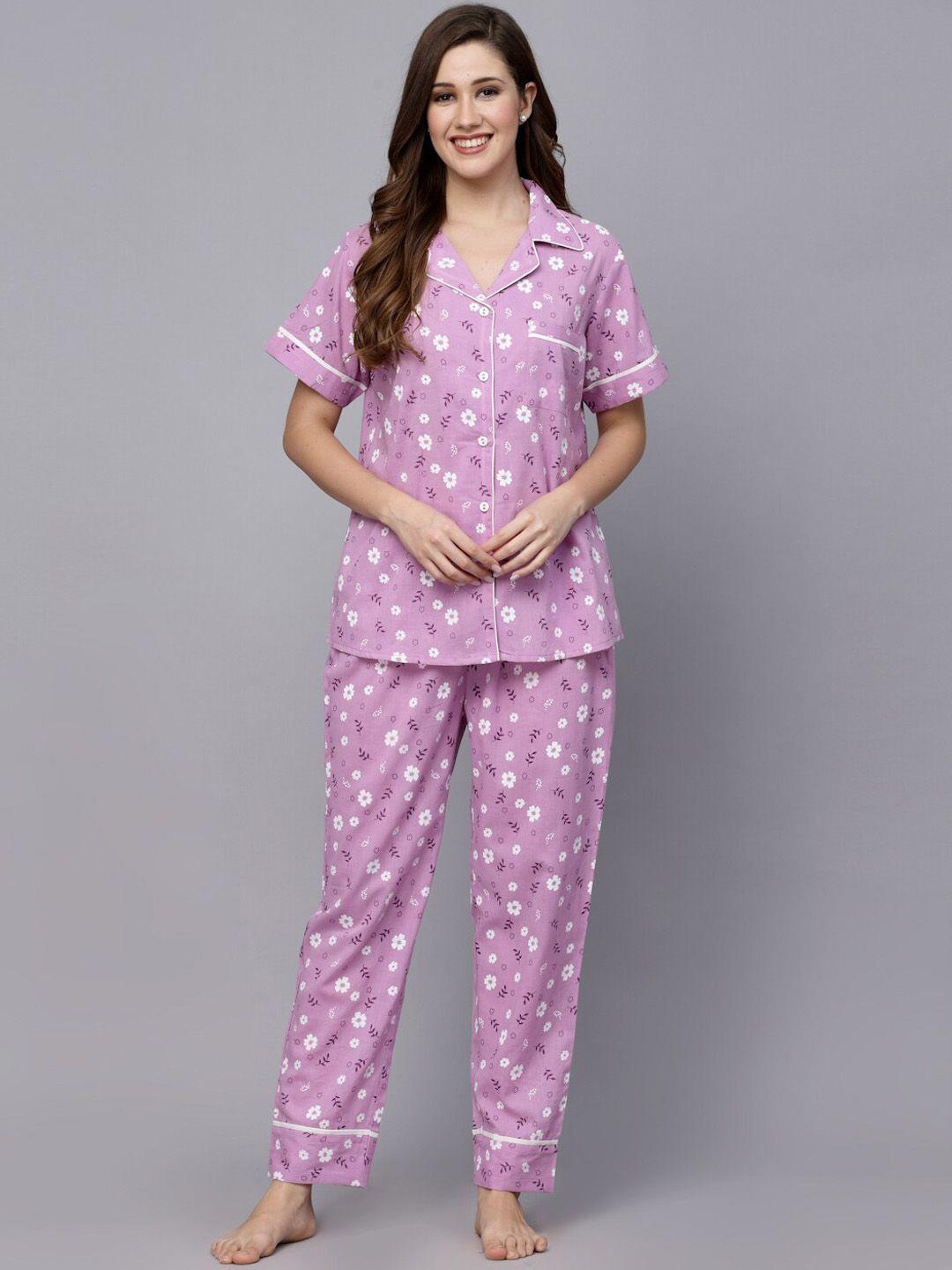 stylum lavender & white floral printed pure cotton night suit