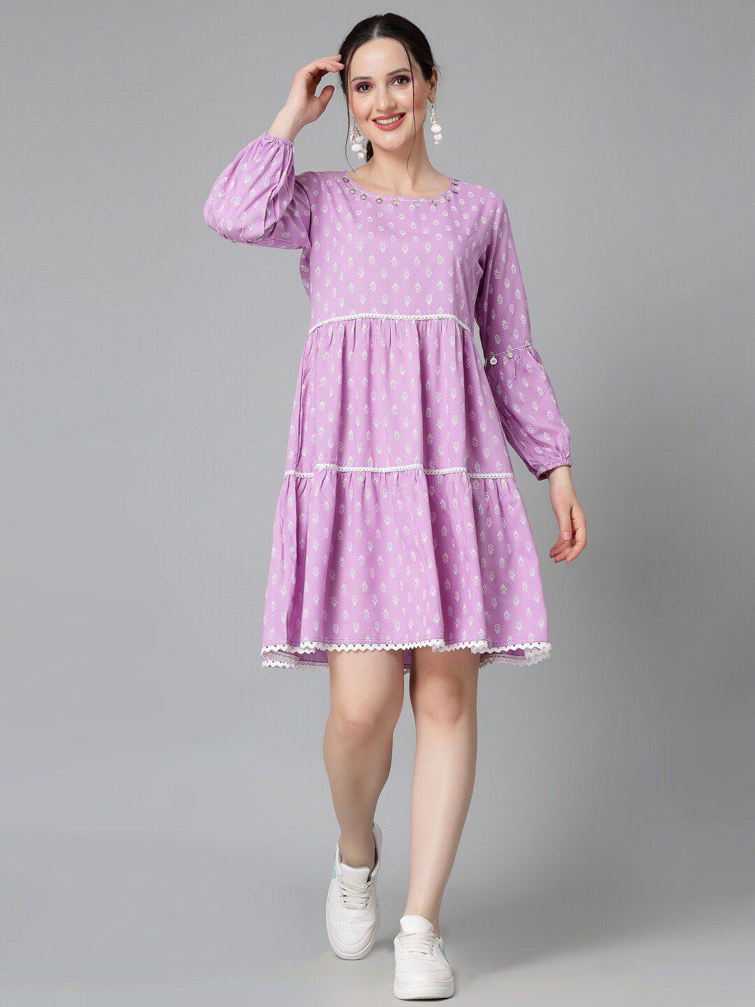 stylum lavender floral printed puff sleeve lace inserts tiered a-line dress