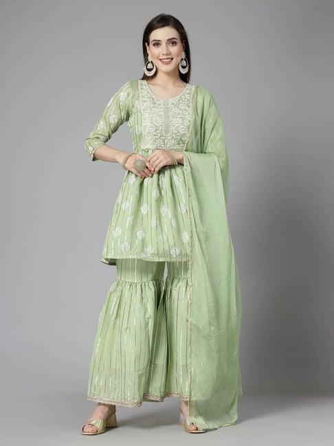 stylum light green chanderi embroidered kurta with sharara & dupatta