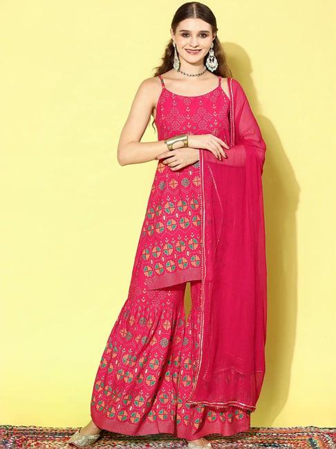 stylum magenta pink printed kurta & sharara set with dupatta