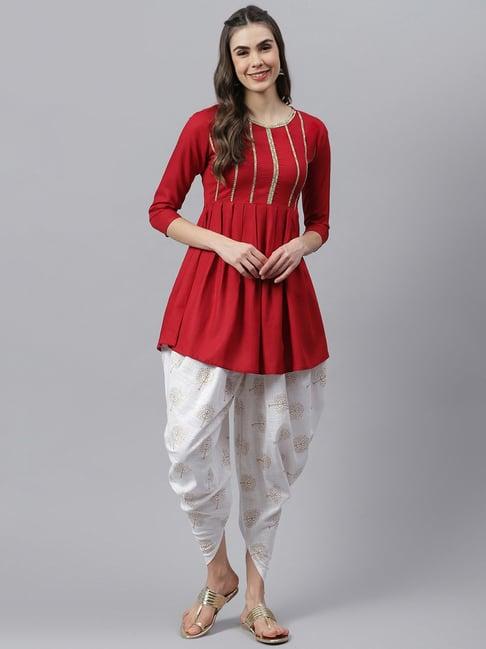 stylum maroon & white embellished kurti dhoti pant set