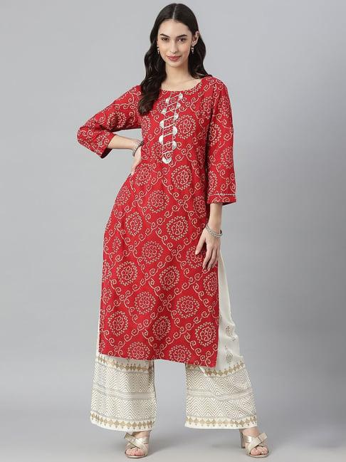 stylum maroon bandhani print straight kurta