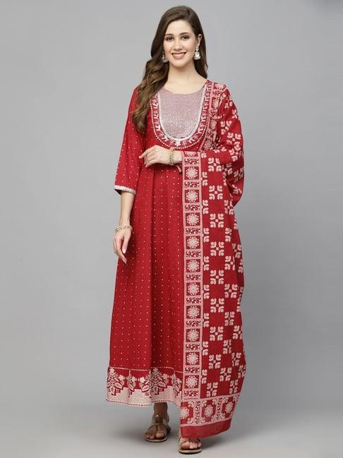 stylum maroon cotton embroidered anarkali kurta with dupatta