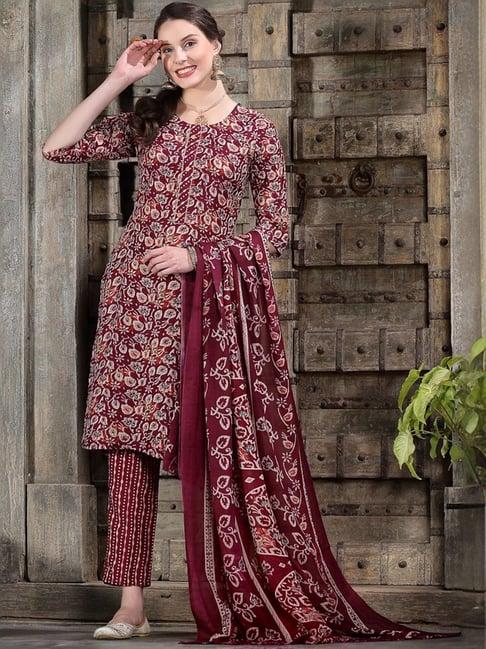 stylum maroon floral print kurta & pant set with dupatta