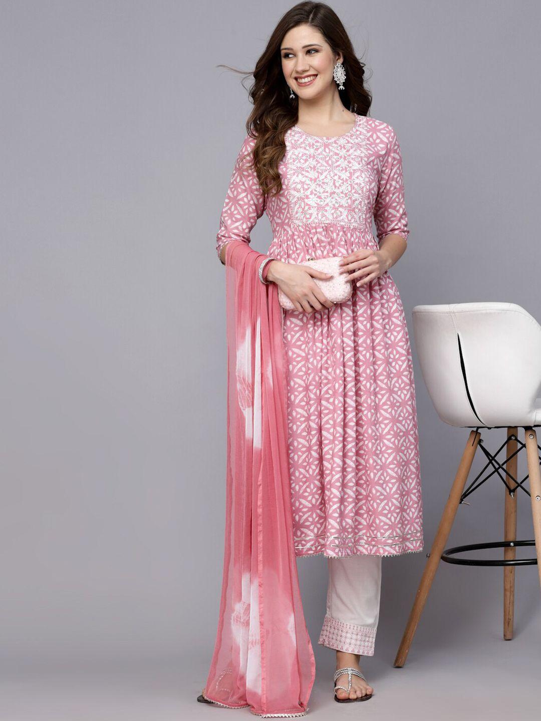 stylum mauve & white floral printed kurta with trousers & dupatta