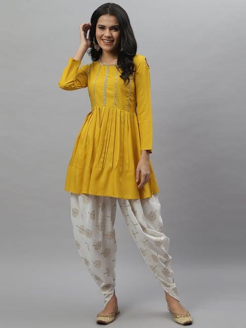 stylum mustard & white embellished kurti dhoti pant set