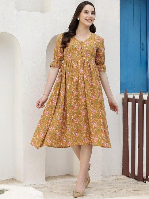 stylum mustard cotton floral print a-line dress