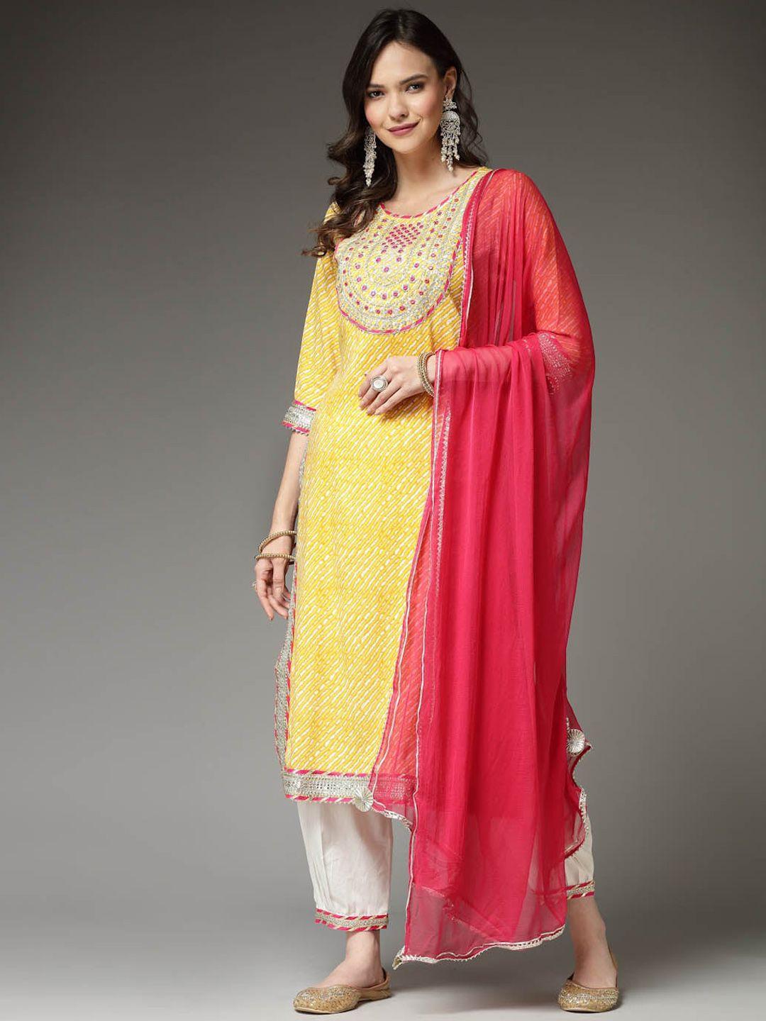 stylum mustard yellow leheriya printed straight kurta & harem pants with dupatta