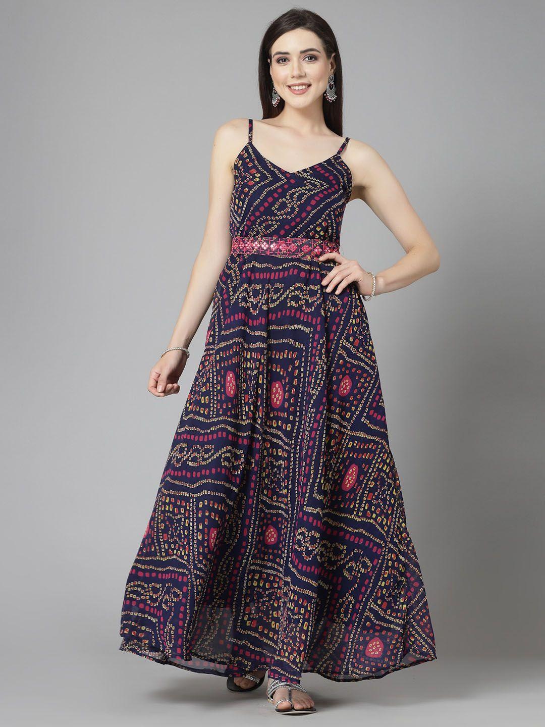stylum navy blue ethnic motifs printed fit & flare ethnic dress